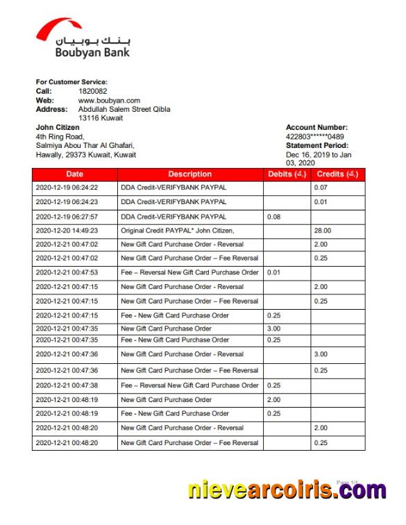 Kuwait Boubyan bank proof of address statement in Word and PDF format